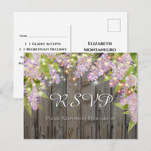 Postal Lilacs acuarela con Wood & Lights Wedding RSVP (Anverso / Reverso)