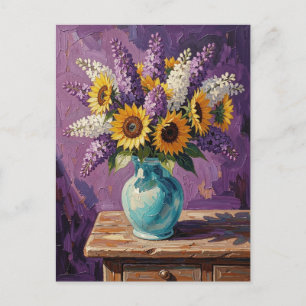 Postal Lilas y Girasoles Diseño Botánico