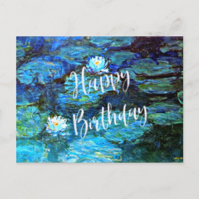 Postal Lilies de agua (azul), saludos de cumpleaños (Anverso)