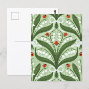 Postal Lily del valle y la simetría de ladybugs en verde,