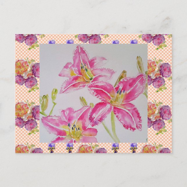 Postal Lily Floral Flores Gingham Rosas rosa Shabby Chic (Anverso)