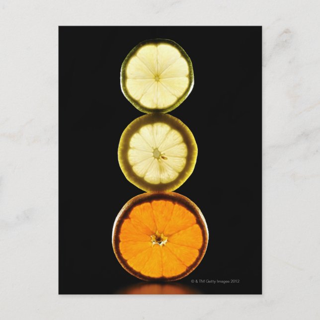 Postal Lime, Grapefruit, Lemon, Fruto, fondo negro (Anverso)