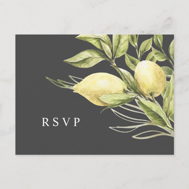 Postal Limón y hojas Boda gris RSVP (Anverso)