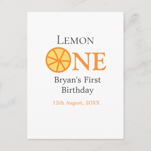 Postal Limoncita feliz 1er cumpleaños naranja gris retro  (Anverso)