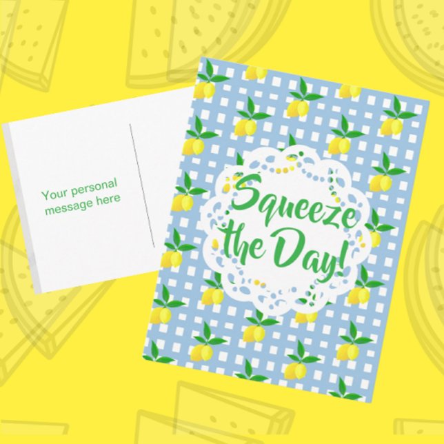 Postal Limones amarillos personalizados azul y blanco  (Thrifty postcards)