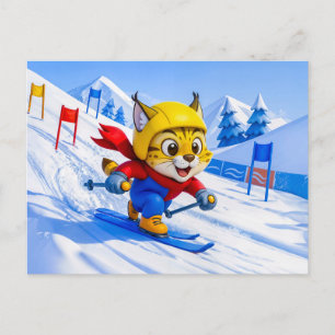 Postal Lince esquiando eslalon gigante en invierno
