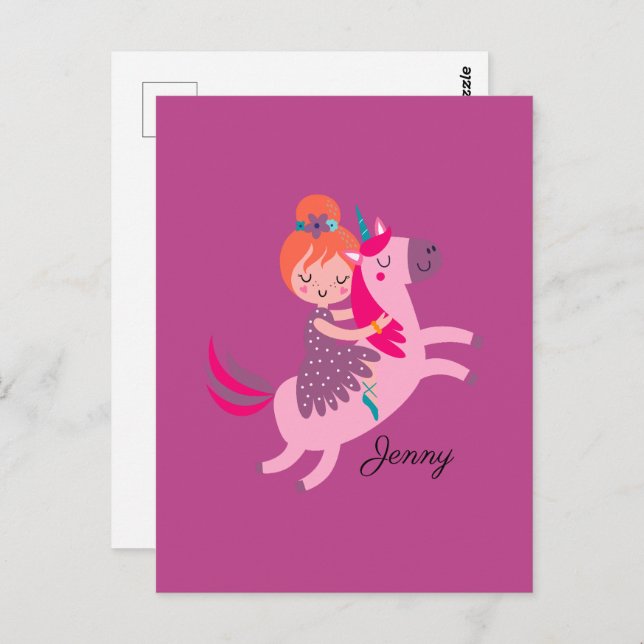 Postal Linda chica pelirroja montando un unicornio (Anverso / Reverso)