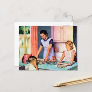 Postal linda cosecha de retro de cocina de mamá y niños