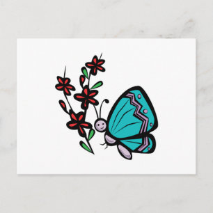 Postal linda mariposa azul y flores