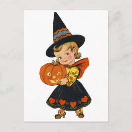 Postal Linda niña bruja con una calabaza, vintage