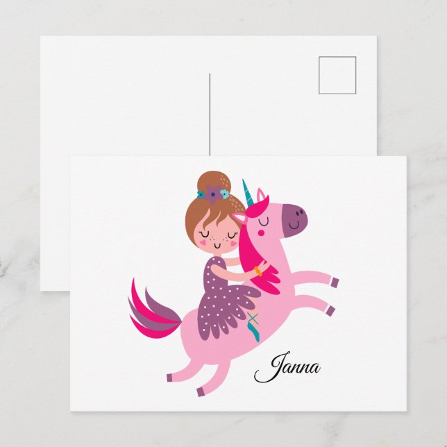 Postal Linda niña de pelo rubio montando un unicornio (Anverso / Reverso)