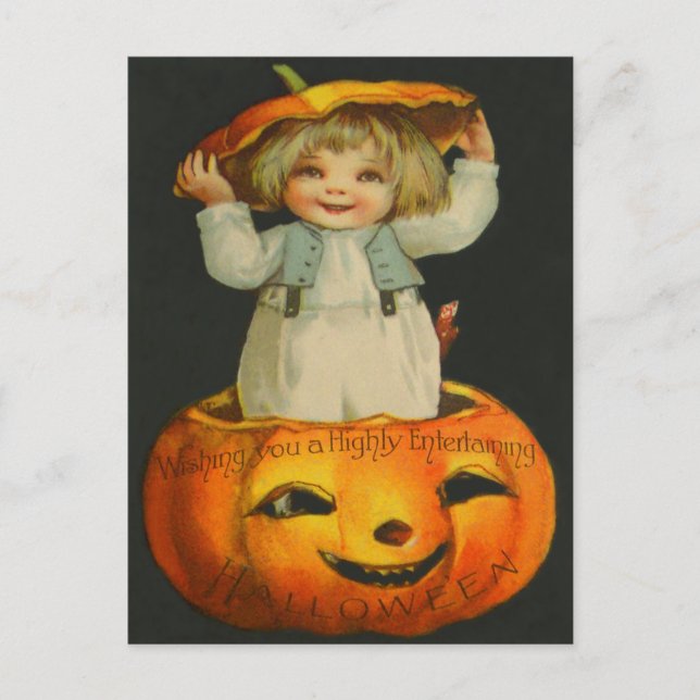 Postal Linda Niña Sonriendo Jack O' Lantern Calabaza (Anverso)
