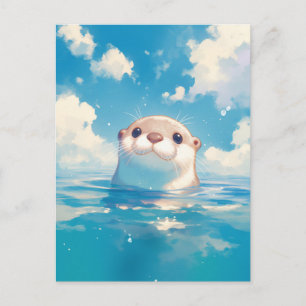 Postal Linda Nutria de Acuarela Cielo Azul Iluminado por 