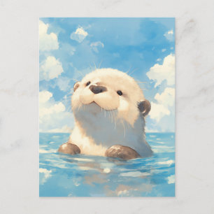 Postal Linda Nutria de Acuarela Cielo Azul Iluminado por 