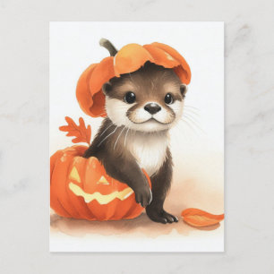 Postal Linda Nutria de Halloween en Acuarela