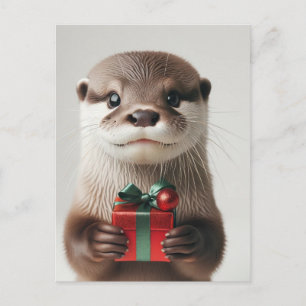 Postal Linda nutria de Navidad con regalo