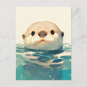 Postal Linda nutria en acuarela asomándose al agua