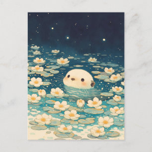 Postal Linda Nutria en Estanque de Lirios en Noche Estrel