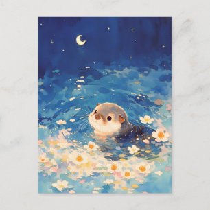 Postal Linda Nutria Nadando Bajo Luna Creciente