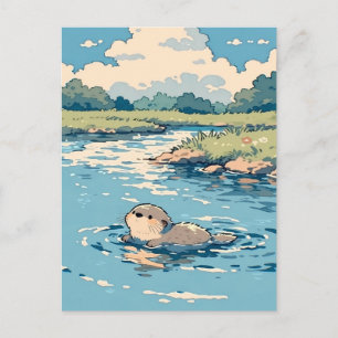 Postal Linda Nutria Nadando en el Río Soleado de Verano