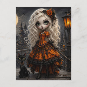 Postal Linda rubia de Halloween y su gato negro