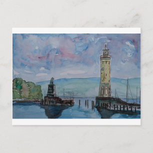 Postal Lindau con León y Luz en el Lago de Constanza