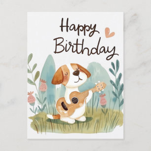 Postal Lindísimo Beagle con una guitarra Feliz Cumpleaños