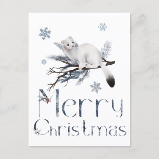 Postal Lindo animal hurón blanco en un pino