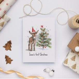Postal lindo bebe burro y árbol de navidad, personalizabl