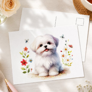 Postal Lindo cachorro de raza Shih Tzu floral