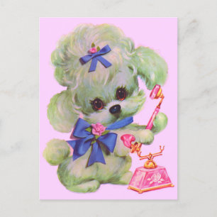 Postal lindo caniche con teléfono rosa