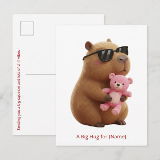 Postal Lindo capybara abrazando oso de peluche personaliz