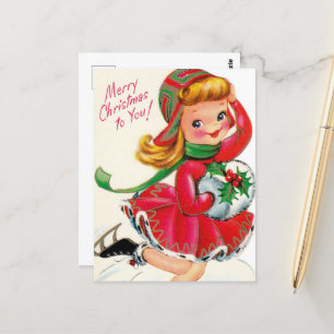 Postal lindo chica de Navidad vintage