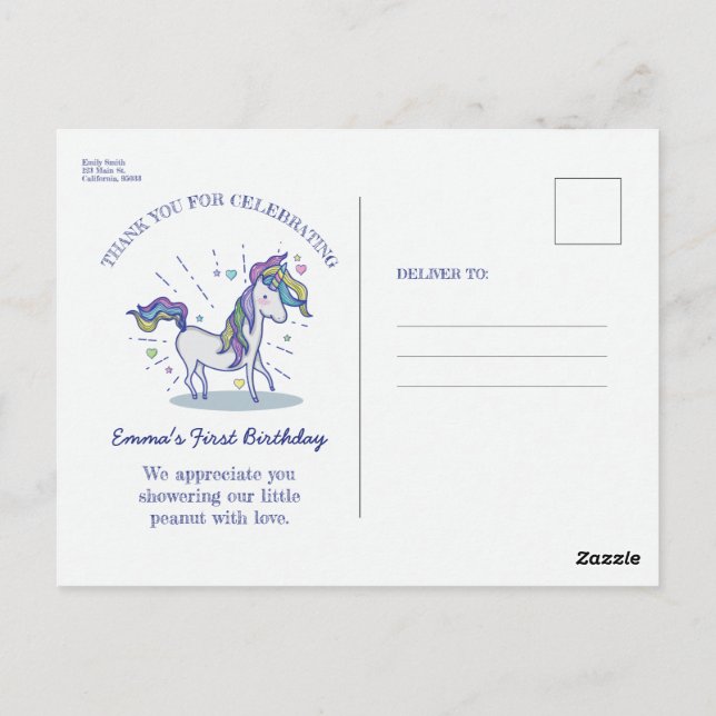 Postal Lindo cumpleaños Doodle Rainbow Unicorn Gracias (Reverso)