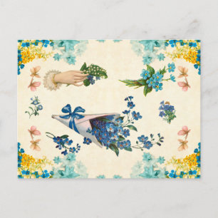 Postal Lindo decoupage floral azul y amarillo vintage 