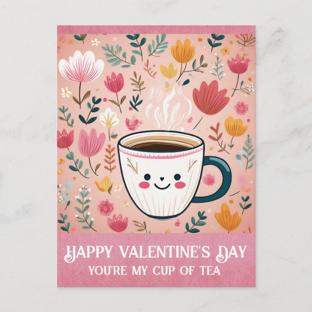 Postal Lindo Día de San Valentín Rosa Eres Mi Taza de Té  (Anverso)