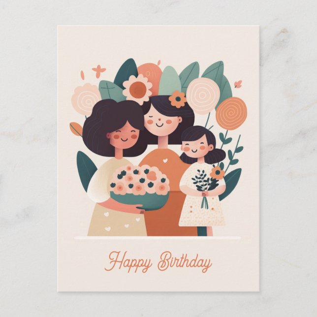 Postal Lindo dibujo animado de madre e hija. Feliz cumple (Anverso)