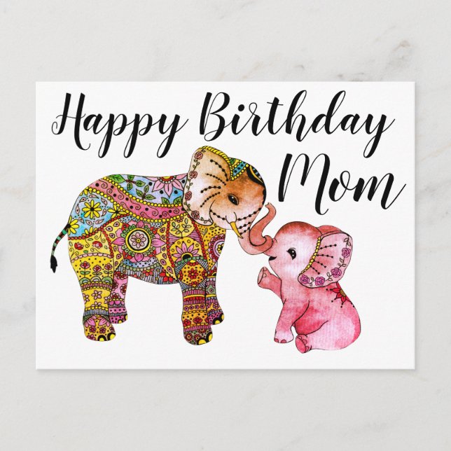 Postal Lindo elefante boho feliz cumpleaños madre (Anverso)