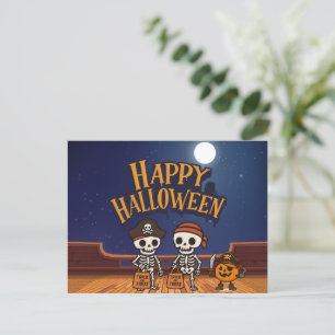 Postal lindo, esqueletos y calabaza Halloween