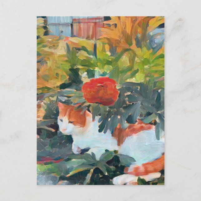 Postal lindo gato bajo un arbusto florido (Anverso)