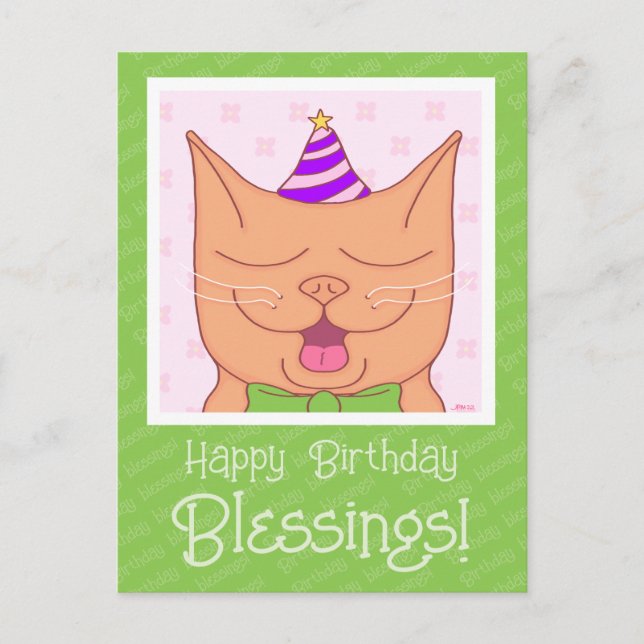 Postal Lindo Gato Naranja Con Sombrero de Cumpleaños Bend (Anverso)
