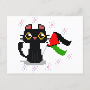 Postal lindo gato negro sostiene bandera palestina