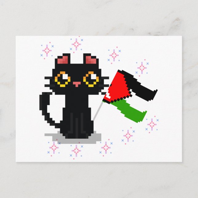 Postal lindo gato negro sostiene bandera palestina (Anverso)