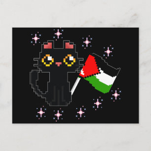 Postal lindo gato negro sostiene la bandera de Palestina