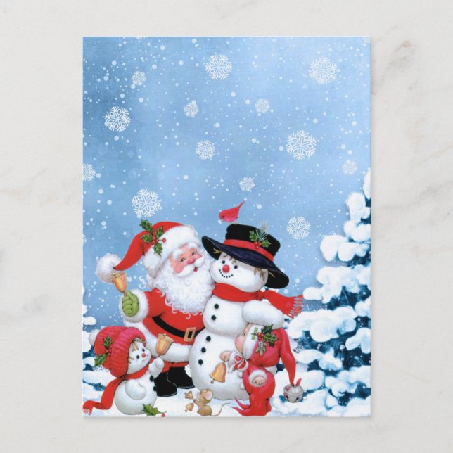 Postal lindo hombre de nieve y Santa (Anverso)