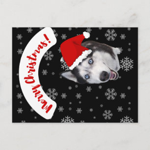 Postal lindo Husky de Santa sonriente con sombrero rojo