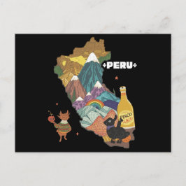 Postal Lindo mapa ilustrado de Machu Picchu y alpaca