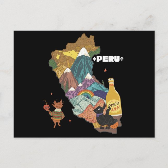 Postal Lindo mapa ilustrado de Machu Picchu y alpaca (Anverso)