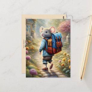 Postal Lindo niño ratón de camino a la escuela, personali