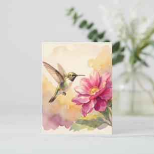 Postal Lindo pájaro y flor de acuarela